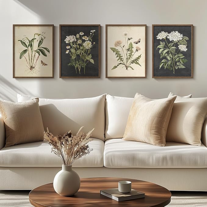 Framed Vintage Botanical Floral Wall Art for Living Room, 4 Piece 12x16 In | Farmhouse wall decor, Flower pictures, Rustic retro paintings, Ready to hang canvas prints, Kitchen bedroom bathroom decor