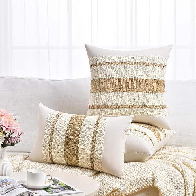 Fancy Homi Set of 1 Tan Neutral Decorative Throw Pillow Cover 14x14 Inch for Couch Bed Sofa, Aesthetic Modern Organic Farmhouse Boho Home Decor, Soft Cotton Cute Macrame Woven Taupe Cushion Case Gift