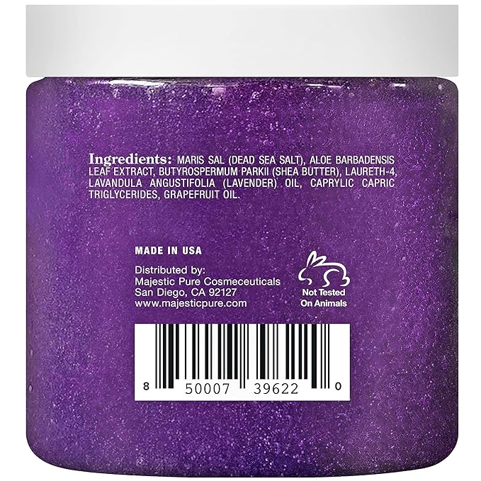 Lavender Oil Body Scrub Exfoliator with Shea Butter and Grapefruit Oil by Majestic Pure - Exfoliate & Moisturize Skin, Fights Acne - 10 oz