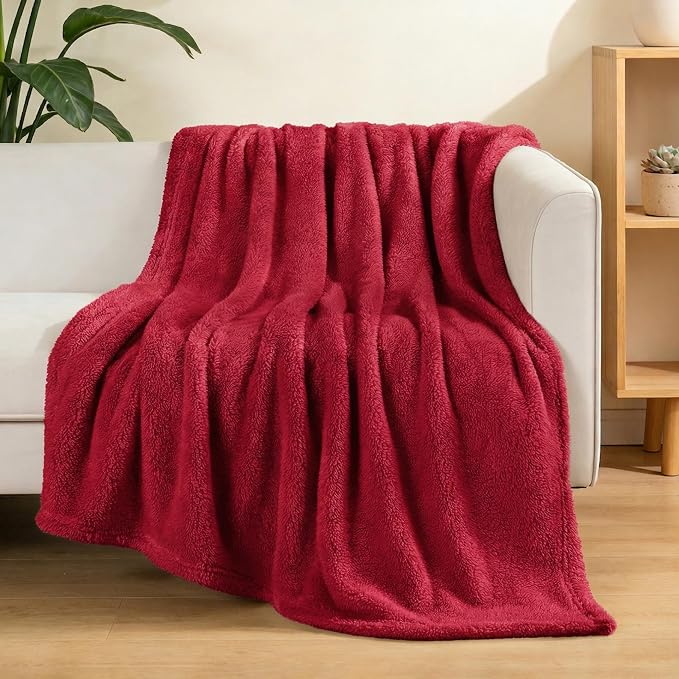 Exclusivo Mezcla Soft Plush Fleece Throws Blanket for Couch Sofa Bedroom | Lightweight Fuzzy Fluffy Blanket for All Seasons, Cozy Velvet Throws for Women Men, Machine Washable, 50"x60", Deep Red