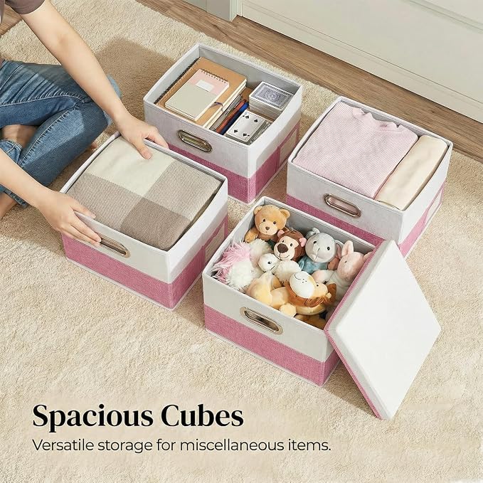 Storage Bins with Lids [3-Pack] Linen Fabric Foldable Storage Boxes Organizer Containers Baskets Cube with Cover for Bedroom Closet Office Pink&White（11.4X8.6X6.7