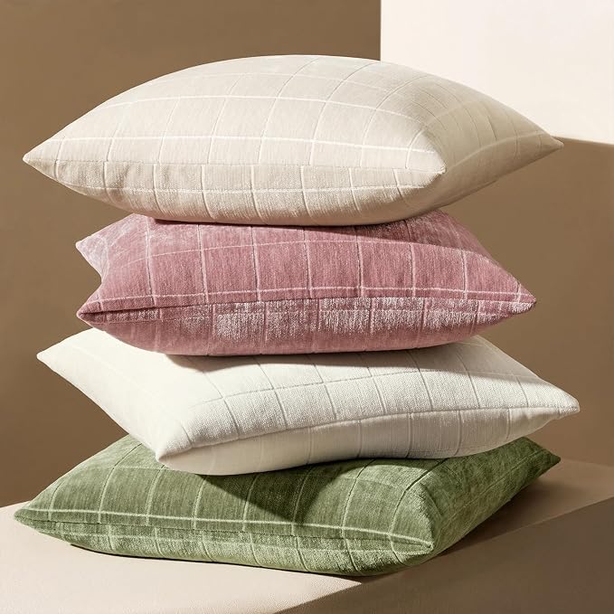 MIULEE Blush Pink Plaid Decorative Throw Pillow Covers 20x20 Set of 2 | Vintage, Check Chenille Couch Pillows, Neutral Boho Farmhouse Cushion Covers, Modern Home Decor for Sofa Bed Living Room