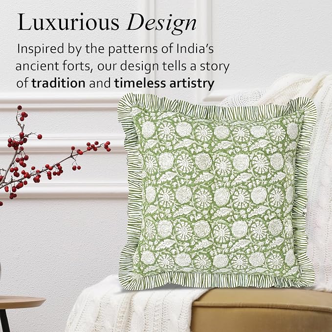 CPC Olive Bloom Hand Block Print 100% Cotton Ruffle Throw Pillow Cover 18x18 inch with Hidden Zipper Decorative for Couch, Bed, Sofa, Farmhouse, Cottagecore Decor Gift Christmas Fall Thanksgiving