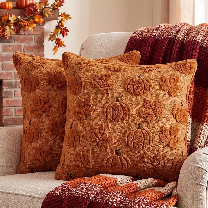 Fall Pillow Covers 20x20 Set of 2 Double-Sided Plush Maple & Pumpkin | Burnt orange throw pillows with raised pumpkin and maple embroidery, designed for bedrooms, sofas, and fall home decor.