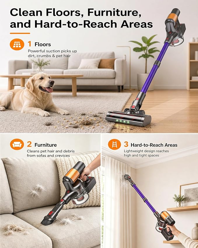 Cordless Stick Vacuum Cleaner, 2 Batteries 120 Mins for Home, Pet Hair | 600W 50KPA Powerful, Self-Standing, Tangle-Free Brush, LED Display, Vacuum Cleaner for Hardwood Floor, Carpet