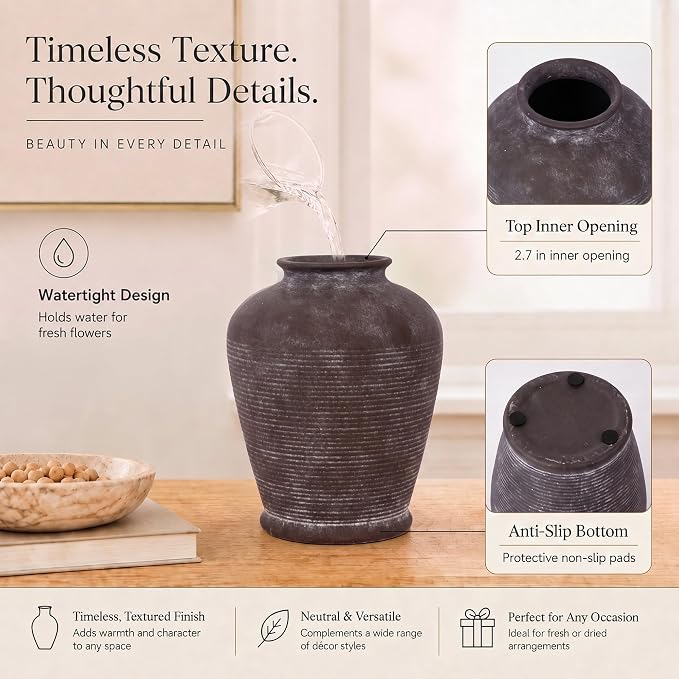 8.3" Brown Ceramic Vase, Small Rustic Vase with Bottle Shape | Textured ceramic vase in dark brown; small decorative vase for dried stems, pampas grass, shelves, mantels and tables