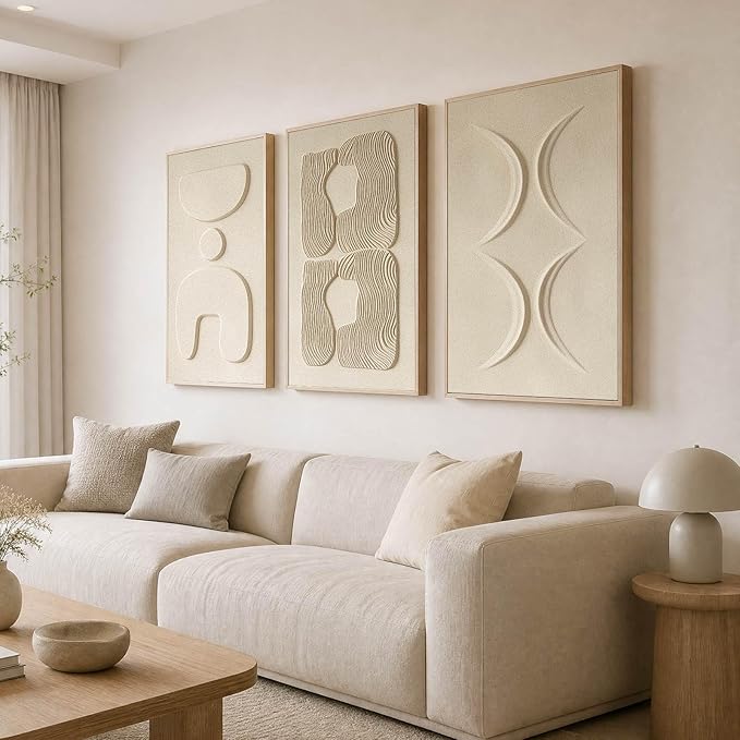 Thalasse Abstract Wall Art Large Framed 3D Sandstone 24x36 In | Wabi Sabi relief panels, solid wood frame, minimalist living room hallway entryway decor, 3 piece set