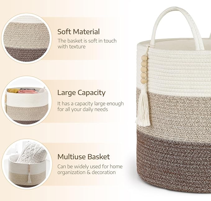 Mkono Woven Storage Basket for Blanket, Toys Plant Organizer, 16"W x 13.8"L | Gradient Brown, Decorative Basket with Handle, Wood Beads Tassel, Shoes Clothes Storage Bin, Living Room Bedroom Nursery