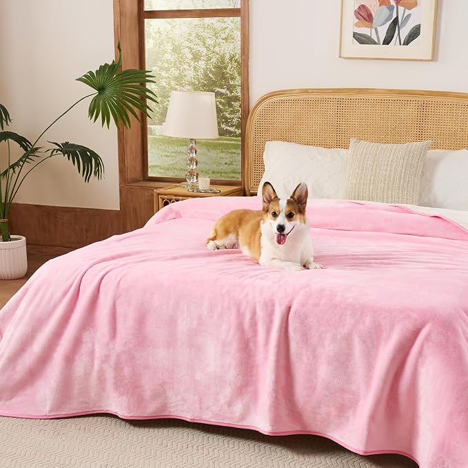 Sunheir Waterproof Blanket for Queen Size Bed - 90"x86" Soft Reversible Sherpa Fleece Flannel Dog Blankets for Large Dogs, Pet Blanket for Bed, Couch, Soft Plush Furniture Protector, Pink