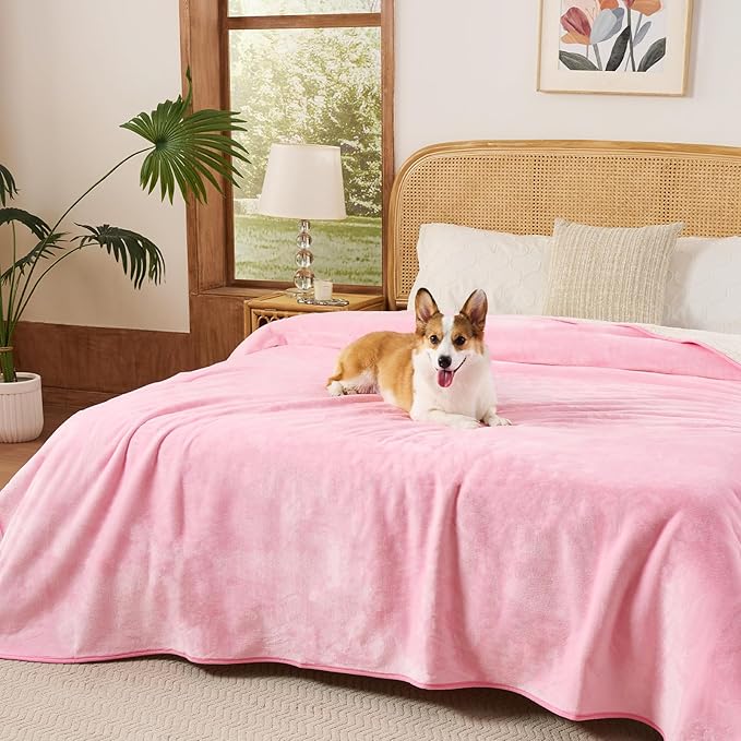 Sunheir Waterproof Blanket for Twin Size Bed - 80"x60" Soft Reversible Sherpa Fleece Flannel Dog Blankets for Large Dogs, Pet Blanket for Bed, Couch, Soft Plush Furniture Protector, Pink