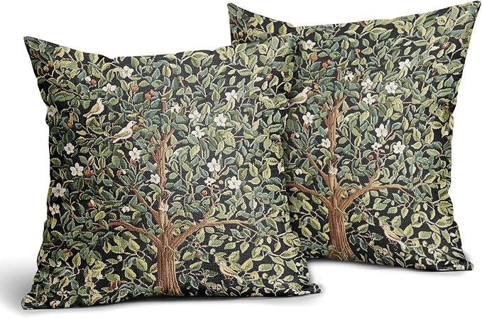 Green Tree Pillow Covers 18X18 Inch Set of 2 Watercolor Forest Bird Floral leaves Decorative Pillow Cases Spring Vintage Leaf Flower Cotton Linen Cushion Case Farmhouse Home Decor For Sofa Couch