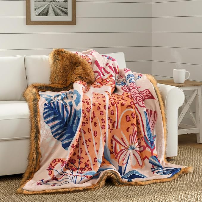 HORIMOTE HOME Reversible Faux Fur Throw Blanket, with Cheetah and Tropical Plants Printed Pattern, Decorative Fluffy Throw Blanket for Couch Bed Sofa, Birthday Gifts for Women, 50'' x 60''