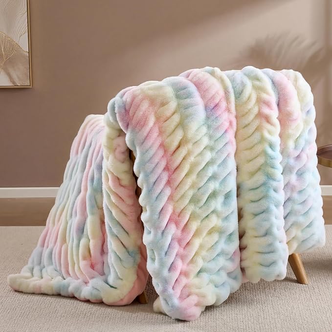 Rainbow Fluffy Blanket for Couch - Luxury Faux Rabbit Fur 60"x80" | Ultra Soft & Plush Comfort Ruched Blanket, Cozy Fuzzy Colorful Throw for Sofa & Bed, Great Gift for Women, Rainbow Room Decor