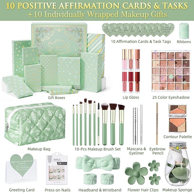 Teen Girl Gifts Trendy Stuff, 10 Positive Affirmation Cards & Empowering Challenges to Unlock 10 Wrapped Makeup Gift Set Motivational Birthday Christmas Gift Stocking Stuffers for Tween & Teenage Girl