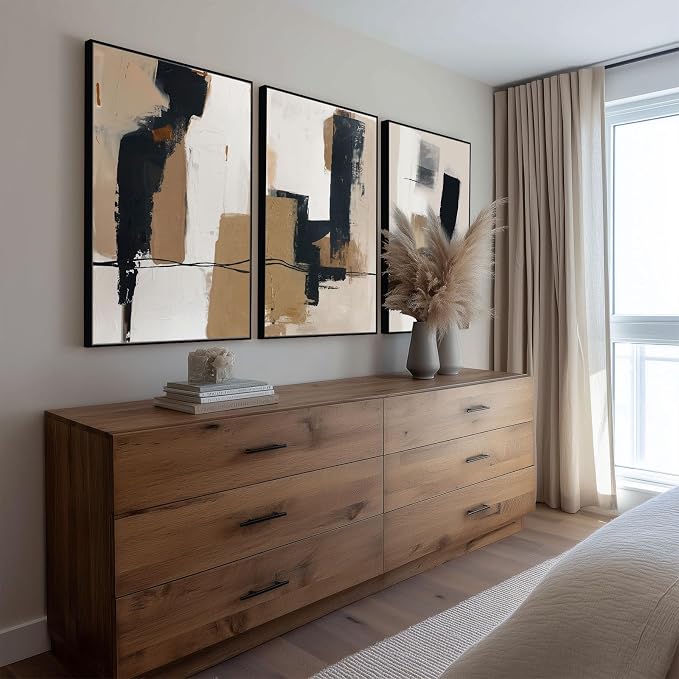 SAFERRYHOME Neutral Abstract Black and Tan Brown Wall Art Set of 3, 24"x36" | Black and Tan Brown Framed Canvas Print Set,Mid-Century Modern Brown Minimalist Shapes for Living Room Bedroom Office Hallway