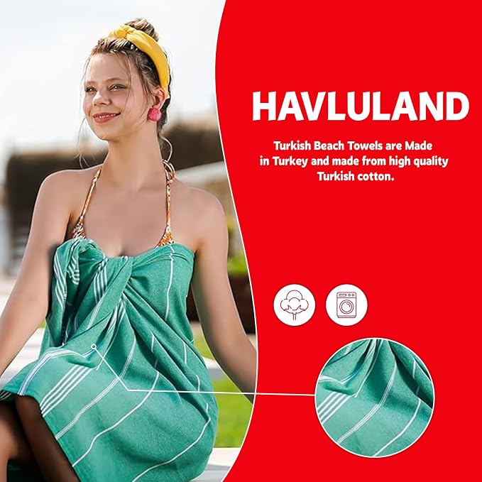 HAVLULAND Turkish Beach Towels, Oversized 40"x72" Turkish Bath Towel, Highly Absorbent Quick Dry Sand Free Beach Towels for Beach Pool Spa Gym Yoga Travel Camping Picnic Blanket - Turquoise