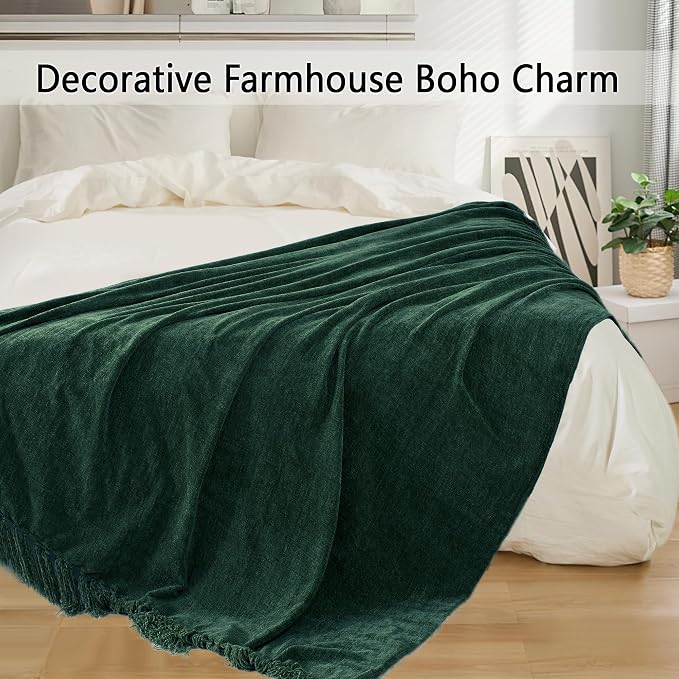 Chenille Throw Blanket for Couch 60" x 80" Twin, Dark Green | Soft Cozy Throws with Fringe Tassel, for Living Room Bed Sofa Chair Cover, Lightweight Knitted Boho Blankets Christmas Decor