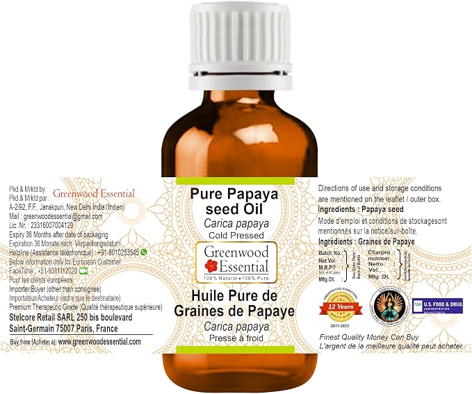 Greenwood Essential Pure Papaya Seed Oil (Carica Papaya) Cold Pressed (Pack of Three) 100ml X 3 (10 oz)