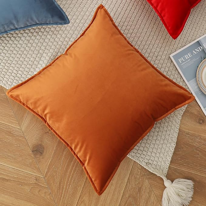 Velvet Orange Throw Pillow Covers 24”x24”Pack of 2 Soft Decorative | Square Cushion Covers for Couch Sofa Bed Livingroom Car Home Decor,60x60Cm