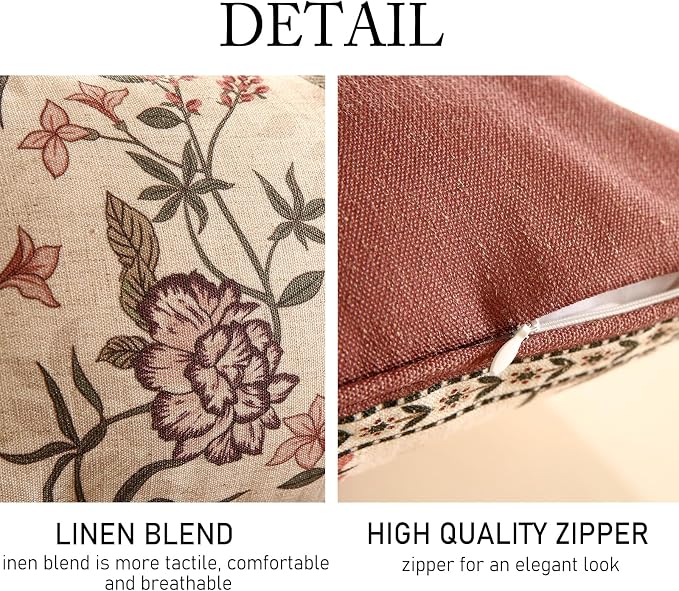 Designer Vintage Linen Throw Pillow Cover,20"x12"-Helena B | Elegant French Rectangle Pillow Cover,Concealed Zipper Design,Floral Pattern,Sofas,Bedroom,Living Room,Lounge Chairs