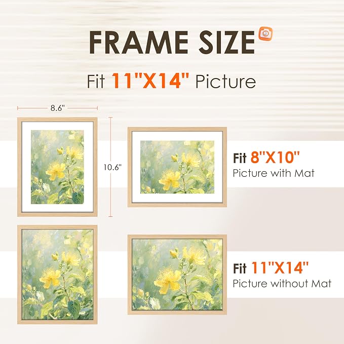 11x14 Picture Frame 2 Pack, Photo Frame with HD Plexiglass, Display Pictures 8x10 with Mat or 11x14 Without Mat, Natural Picture Frames Collage Wall Decor, Gallary Wall Frame