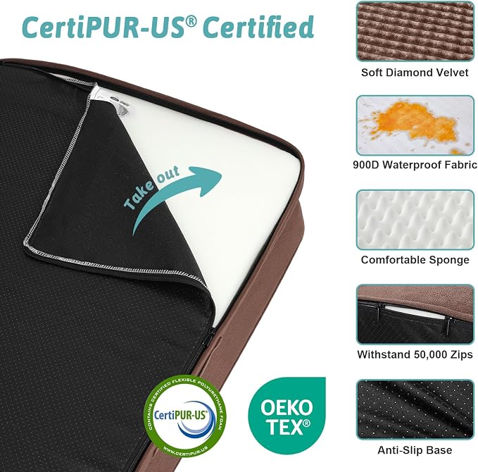 COZY KISS Orthopedic Dog Bed for Medium Small Size Dogs, L Shaped 30x20 in | Non-Slip Bottom Soft Pet Sofa with Washable Removable Waterproof Cover, Egg-Crate Foam Couch with Portable Handle, Brown