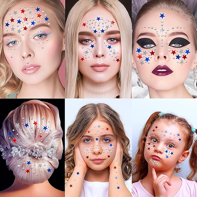 4th July Star Face Stickers Gems for Makeup, 3 Sheets Red Silver and Blue Face Glitter Rhinestone jewels, Self Adhesive Face Eye Nail Body Gems Stick on for Patriotic Rave Festival Accessories