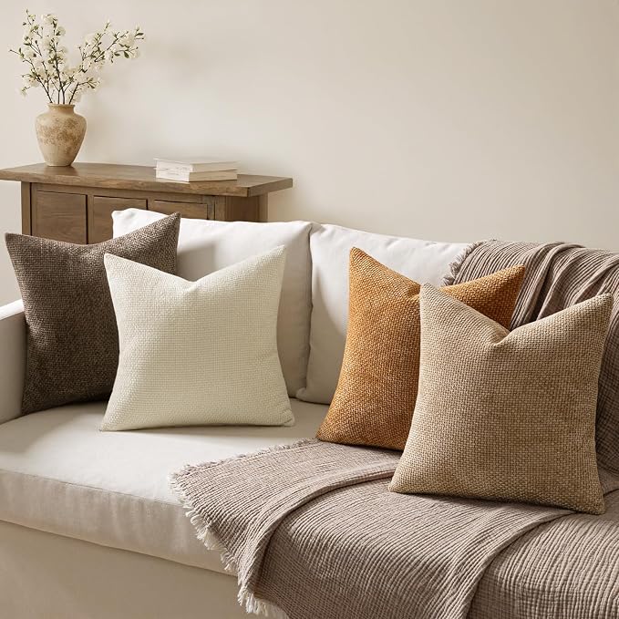 MIULEE Decorative Chenille Fall Euro Pillow Covers Brown 24x24 Pack of 4 | Rustic Home Decor, Layered Brown Collection, Couch Throw Pillows, Farmhouse Boho Cushion Covers for Sofa Bed Living Room