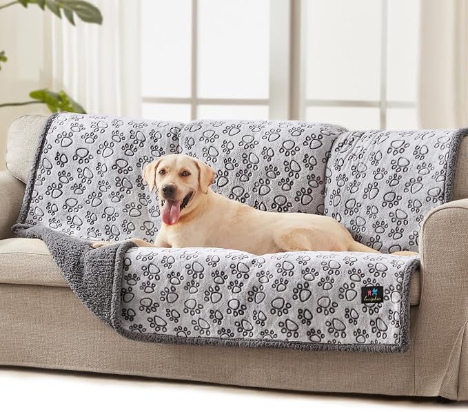 Luciphia Waterproof Dog Blanket Reversible Sherpa Fleece for Large Dogs Cat | Soft Print Pet Blanket Washable Pee Proof, Furniture Protector for Couch Sofa Bed Car, Cozy Throw(65" x 57", Grey)
