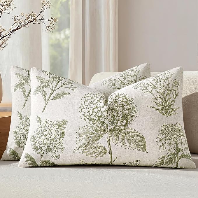 Set of 2 Lumbar Floral Pillow Covers 12x20 Inch Light Green | Decorative Neutral Hydrangea Print, Boho Vintage Throw Pillows, Cottagecore Home Decor, for Sofa Couch Porch Bed Living Room