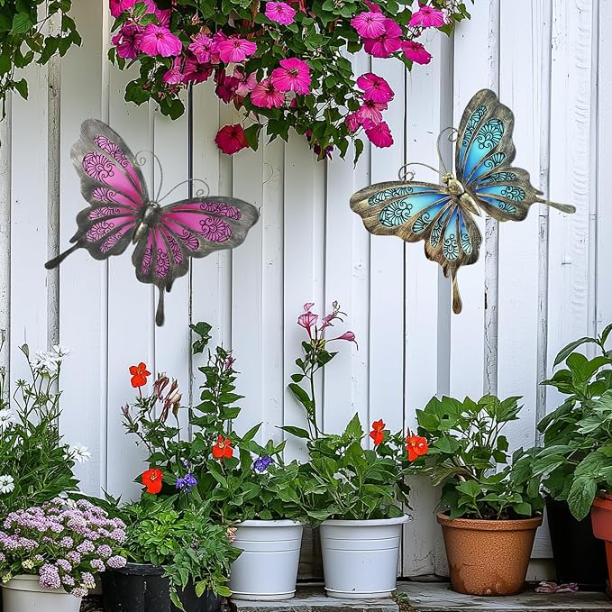 LIFFY Metal Butterfly Wall Decor,2Pack 12" Glass Butterfly Outdoor Wall Art Sculptures,Hanging Garden Decor Outside for Home,Yard,Fence,Patio