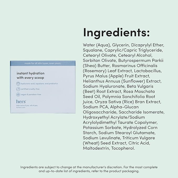 hers Hydrobounce Instant Moisturizer - Hyaluronic Acid, Squalane, & Probiotic Formula - Lightweight Daily Face Cream - Hydrating Vegan Facial Lotion – 1.7 Fl Oz