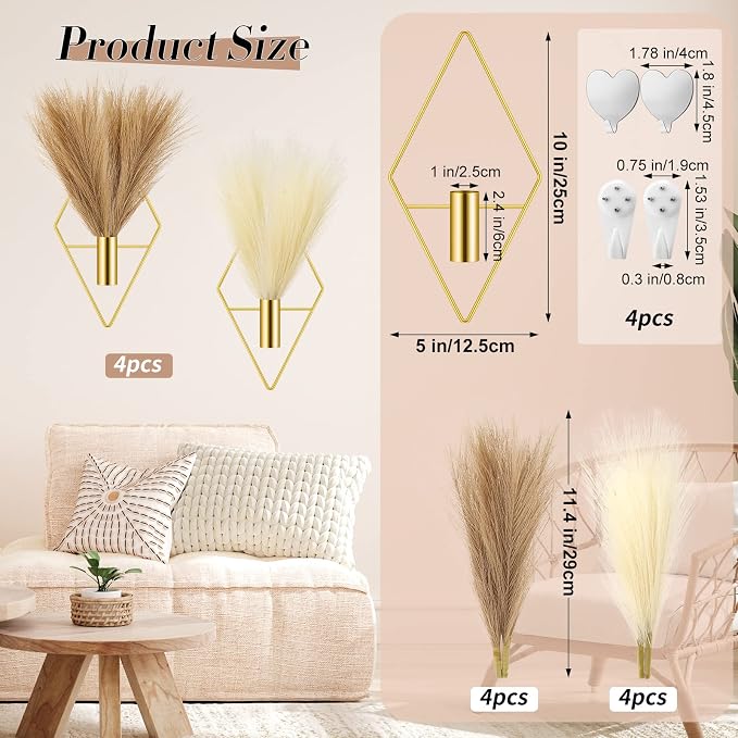 Hanaive 4 Sets Boho Wall Decor Metal Wall Art Hanging Planters with Artificial Pampas Display Modern Home Vase for Bedroom Home Office (Classic,Gold, Beige, Dark Coffee)