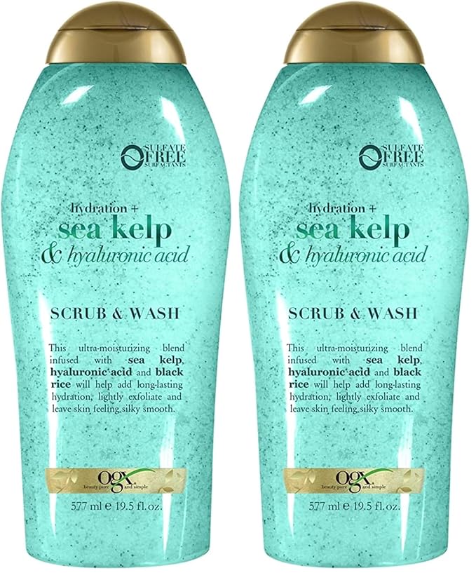 OGX Hydration + Sea Kelp & Hyaluronic Acid Sulfate-Free Lightly Moisturizing Body Scrub with Black Rice, Gentle Exfoliating Daily Body Wash to Soften & Smooth Skin, 19.5 Fl Oz (Pack of 2)
