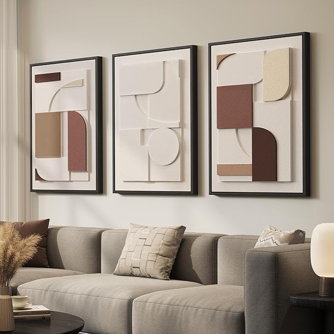 Large 3D Textured Framed Neutral Abstract Wall Art, Beige Brown Geometric Paintings Artwork for Walls, 3 Piece Modern Minimalist Earth Tone Pictures for Living Room Dining Bedroom Wall Decor 20x30 In