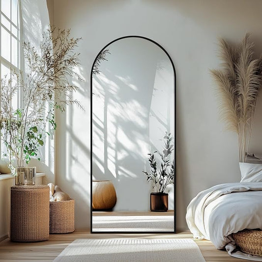 Arched Full Length Mirror with Stand, 70x30 Black Floor Mirror | Aluminium alloy frame with HD float glass for distortion-free reflection. Free standing or wall mounted.