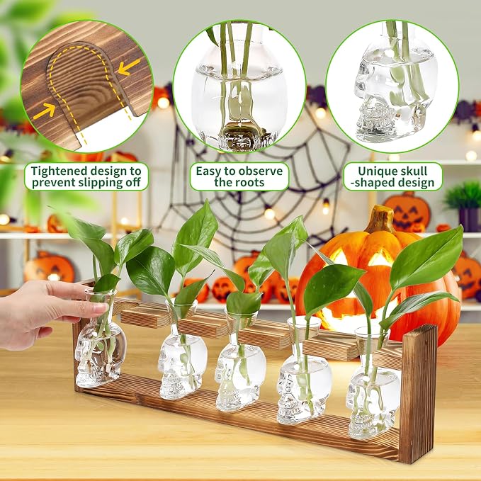 Plant Terrarium Propagation Stations Halloween Skull Planter Vase Skulls | decor With Wooden Stand Gife for Father - 5 Vases