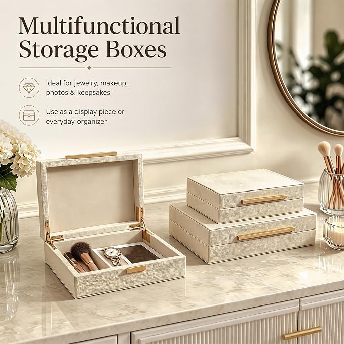 Set of 2 Beige Faux Leather Decorative Storage Boxes with Metal Handles | Stackable Nesting Jewelry Box Organizer Photo Organizer for Home Decor