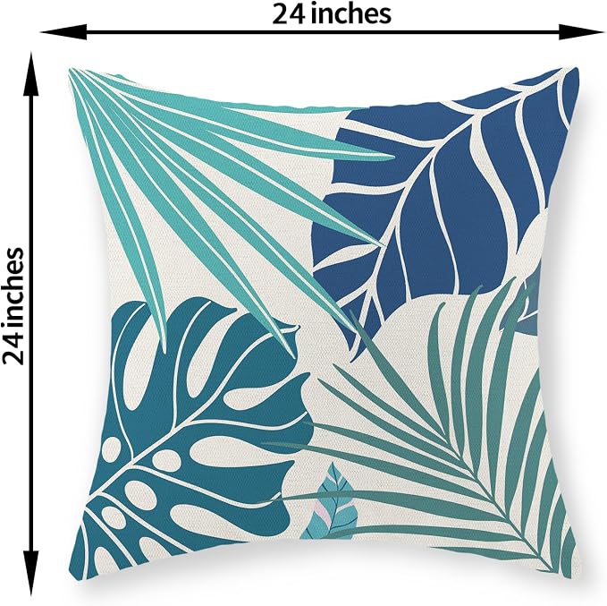 Tropical Pillow Covers 24x24 Set of 2 Navy Blue Aqua Teal Monstera Palm Leaf Pillowcase Tropical Summer Outdoor Decorations Throw Pillows Linen Decor Botanical Plant Cushion Case for Home Bed