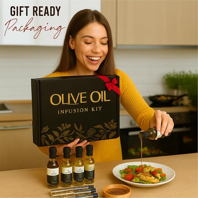 Infused Olive Oil Gift Set – Variety Pack - 4 Flavored Olive Oil Extra Virgin, 3 Spice Flavorful Infusion Blends, Bread Dipping Bowl & Recipe Booklet - Set of 8 – Gourmet Cooking Gifts for Women - Gift For Dad