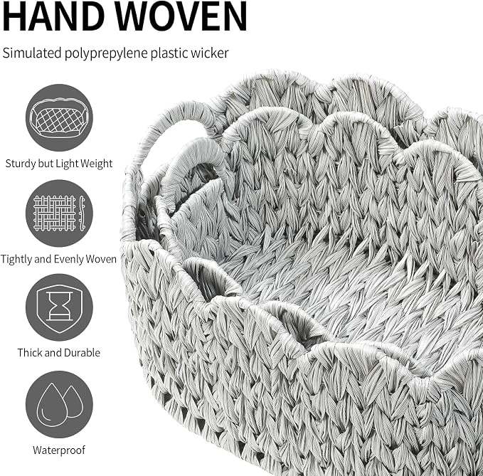 Coeusy Wicker Scalloped Basket Set of 2,Woven Storage Baskets for Shelves,Closet,Laundry,Gift,Towels,Books,Toys,Waterproof Cute Decor Basket for Organizing,Grey
