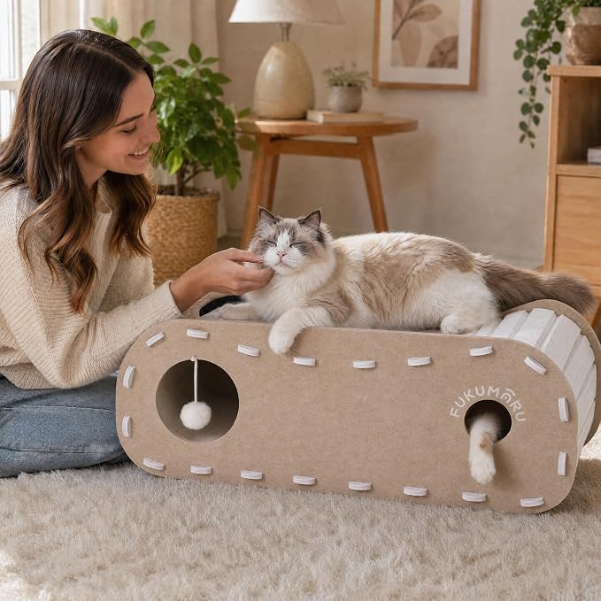 FUKUMARU Cat Bed Cave Tunnel, 31.5 Inch, Cat House Condo Indoor, Beige | Extra Long Design, For Multiple & Large Cats, Felt Material, Fluffy Ball Included, Scratch Resistant