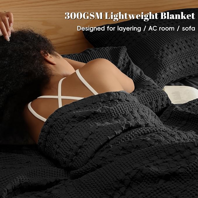 PHF 100% Cotton Waffle Weave Blanket King Size, Lightweight Breathable Summer Blanket for Hot Sleepers, Pre-Washed Soft Layer for Bed, Couch, Home Decor Gift, 108"x90", Black