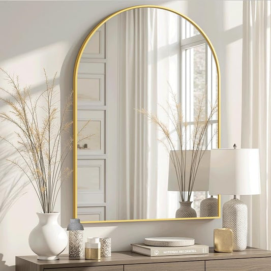 Arched Bathroom Mirror for Wall, 38" x 26" Metal Frame Vanity Mirror, Gold | Aluminium Alloy Frame, HD Shatterproof Glass, for Bathroom Over Sink , Entryway, Bedroom, Living Room