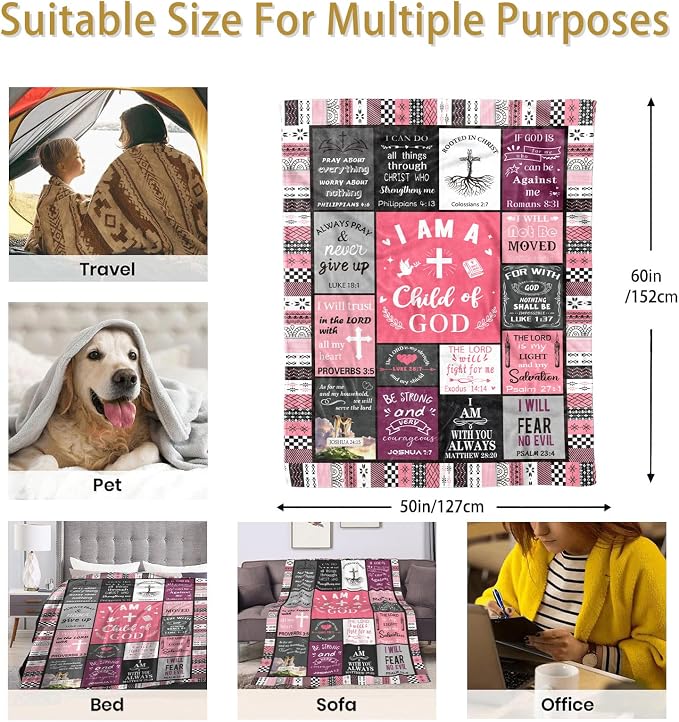Christian Gifts for Women, Happy Birthday Gifts for Women, I Am a Child of God Blanket, Inspirational Gifts for Mom, Friend, Daughter, Sister, Baptism Gift for Girl Blankets 50''x60'' Pink
