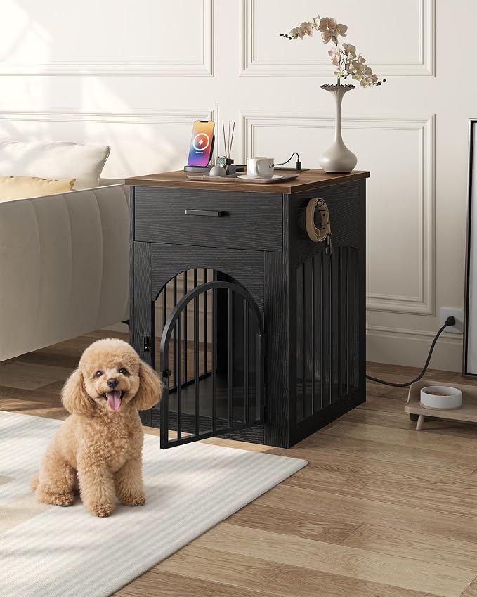 CHOEZON Dog Crate Furniture, Wooden Dog Kennel with Charging Station and Storage Drawer, Indoor Pet Crate End Table for Small Breeds,Dog Cage for Living Room, Bedroom, Black and Walnut MGW01UBL