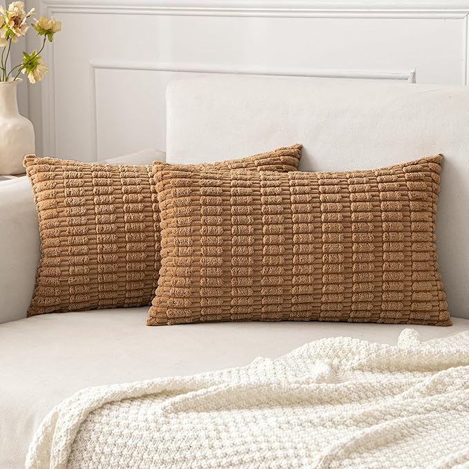 MIULEE Lumbar Corduroy Decorative Throw Pillow Covers 12x20 Brown Pack of 2 | Soft Boho Striped Pillow Covers Modern Farmhouse Fall Home Decor For Sofa Living Room Couch Bed