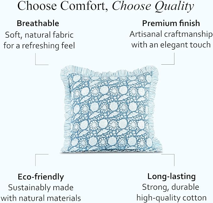 CPC Blue Meadow Hand Block Print 100% Cotton Ruffle Throw Pillow Cover 18x18 inch with Hidden Zipper Decorative for Couch, Bed, Sofa, Farmhouse, Cottagecore Decor Gift Christmas Fall Thanksgiving