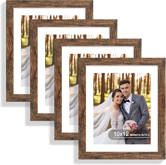 Hongkee 10x12 Picture Frame Set of 4, Made of Real Glass and Rustic Brown Frame - Display Picture 8x10 with Mat or 10x12 Without Mat, 10 by 12 Photo for Wall Mounting