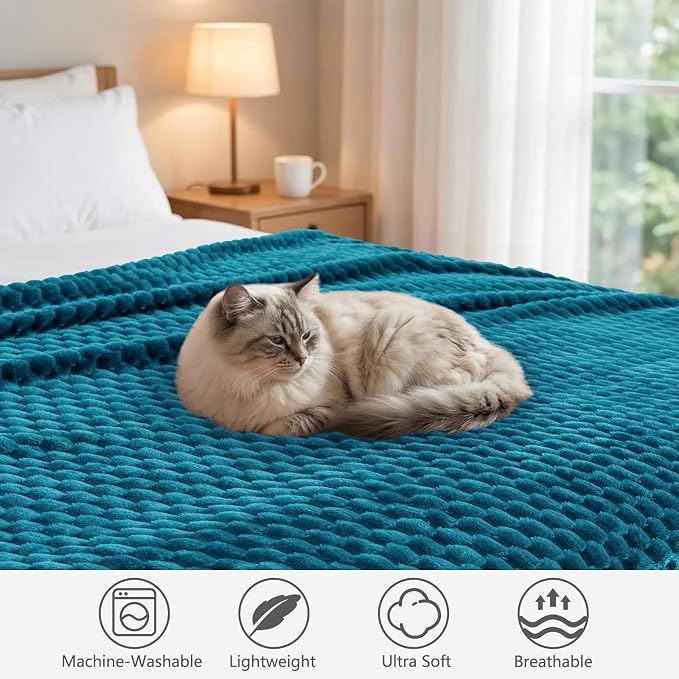 Vessia Flannel Fleece Throw Blanket(50x70 inch), 3D Jacquard Blue Fuzzy and Warm Blanket for Couch,Sofa,Bed, 300GSM Super Soft Touch Cozy Lightweight Throw for All-Season Home Decor